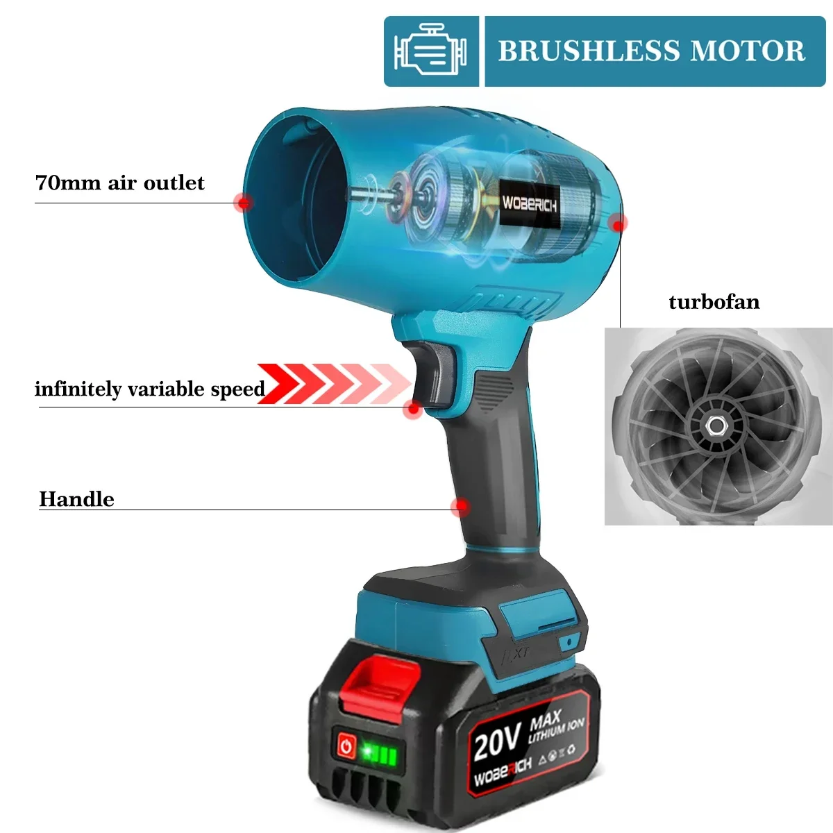 200 M/S Brushless Turbo Jet Fan 2000W Handheld Cordless Electric Air Blower Dust Snow Removal Tool per batteria Makita 18V