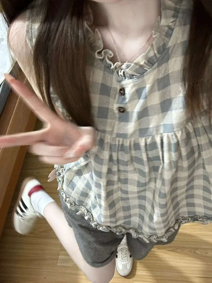 Sweet Sle ジェントルチェック柄スウェットベストトップ女性夏エレシック木製襟レイヤリングドール irt カジュアルルーズフィット