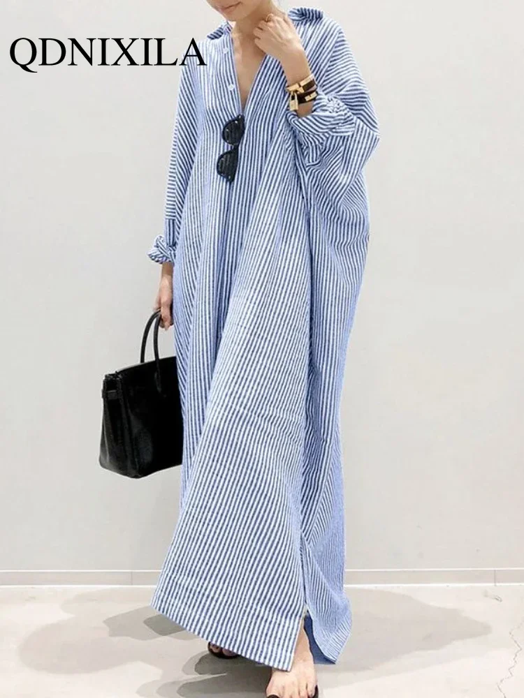 New in Elegant Striped Cardigan Loose Oversized Dress Womens Tops Women Shirts Ladies Robe Long Sleeve Blouse Button Up Shirt