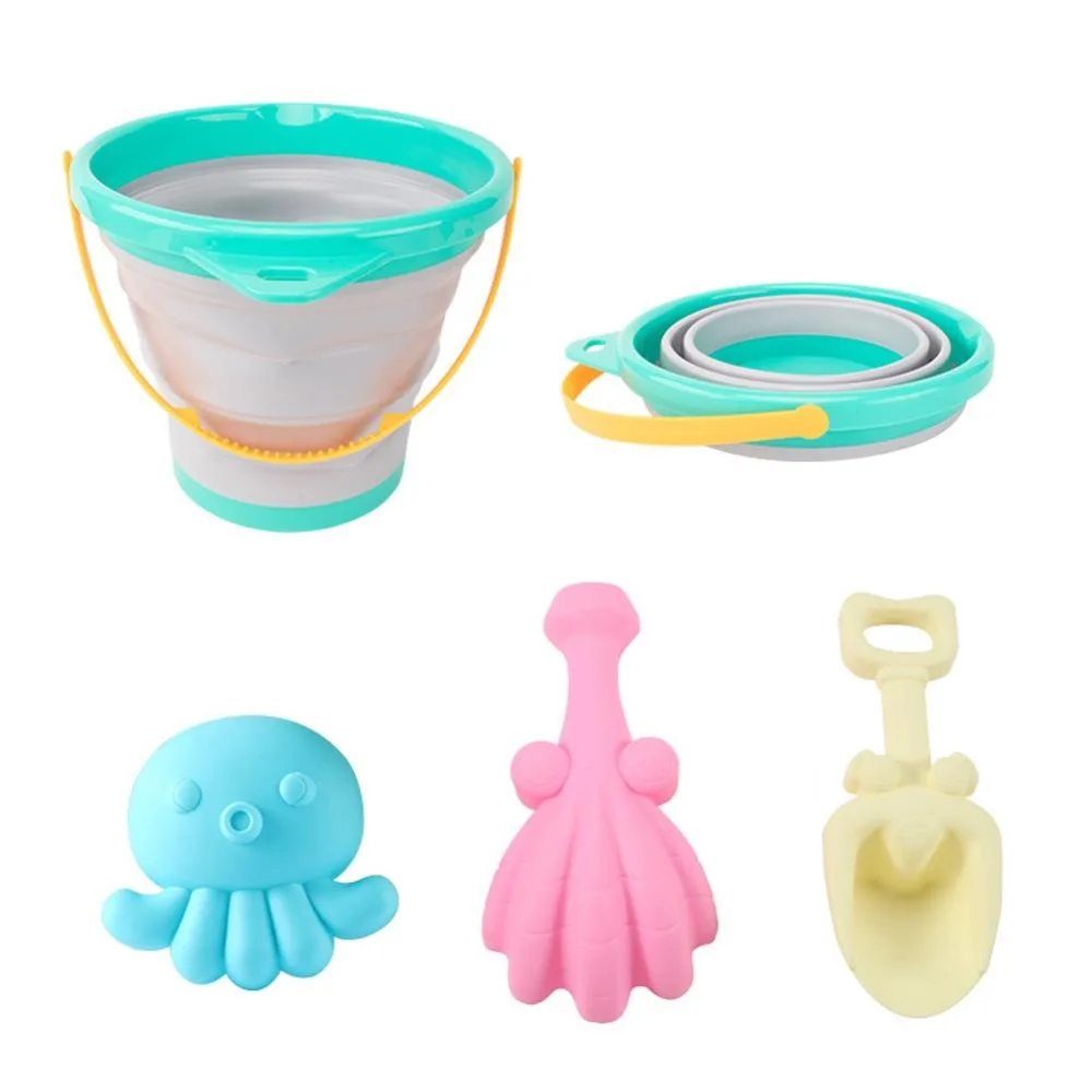4pcs/Set With Bucket Folding Bucket Beach Toys Interactive Cartoon Beach Shovel Bucket Set Plastic Parent-Child