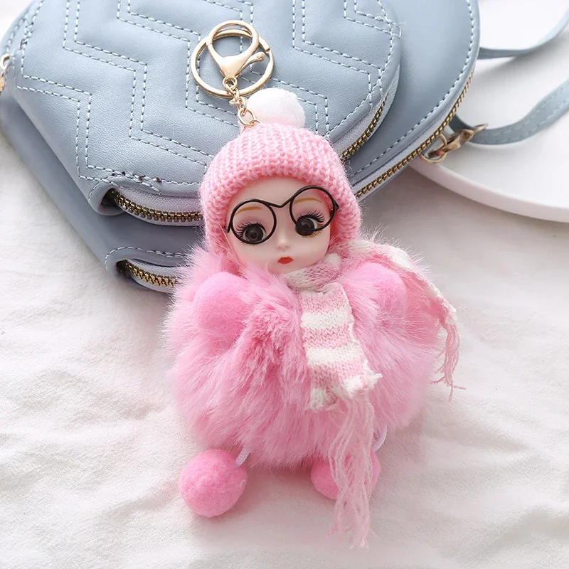 Eye Glass Doll Pompom Keychain Hanging Pendant Baby Doll Fur Ball Keyring Keyholder Rabbit Fur Fluffy Doll Keychain Women Girl