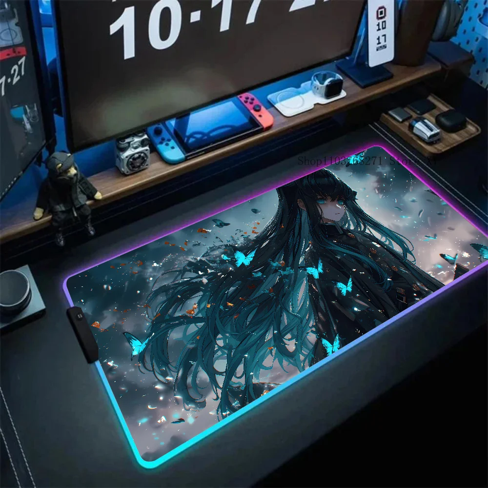 Anime Muichiro Tokito Demon Slayer Mousepad XXL RGB Gaming Mouse Pads HD Black Gamer Accessories Large LED