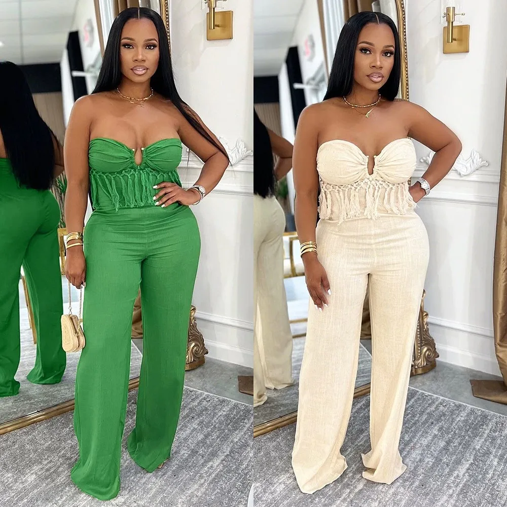 For Woman Jumpsuit Sleeveless Romper Emerald Green Bustier Top Long Jumpsuit Cream Beige Flowing Pants Wide Leg Jumpsuit