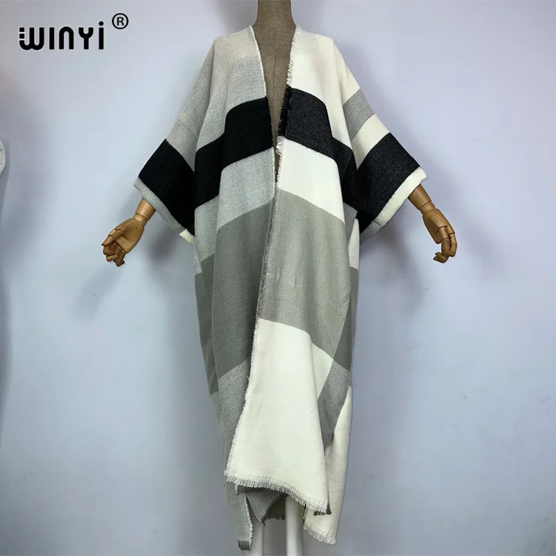 WINYI elegant Winter Plaid print cloak Women High Quality poncho tassels Luxury Loose OverCoat Thick Warm Female maxi coat top