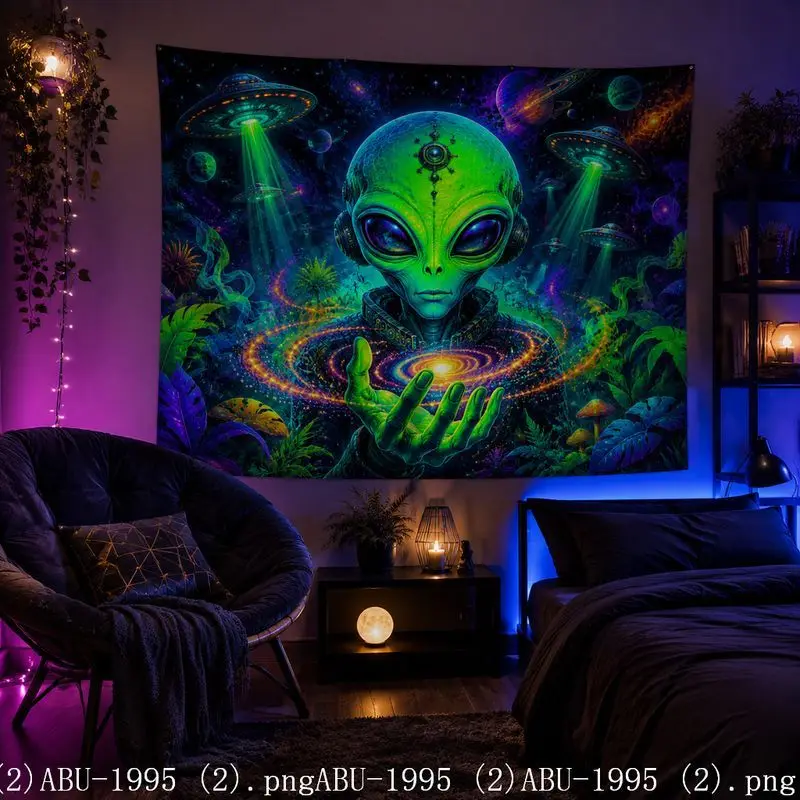 VIKAMA Psychedelic Alien Funny Mushroom Tapestry Psychedelic Wind Fluorescent Wall Hanging Bedroom e-Sports Room Home Decoration