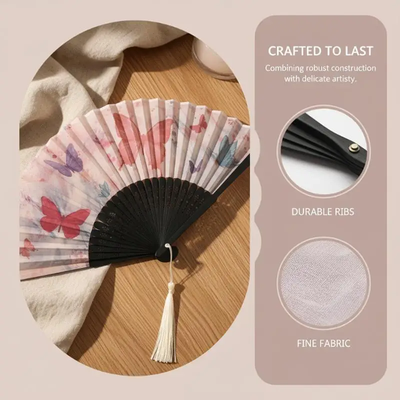Hand Held Butterfly Floral Fan Chinese Folding Fan with Colorful Tassel for Women Bridal Costume Dance Performance Gift