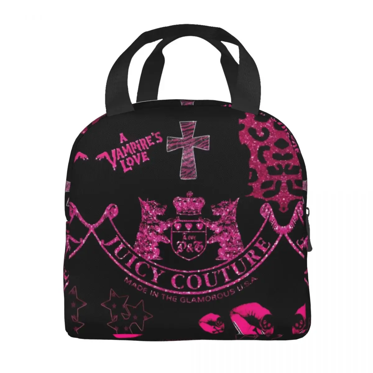 Juicy-Couture Portable Lunch Bag Food Thermal Box Durable Cooler Lunchbox with Shoulder Strap Picnic Bag Office