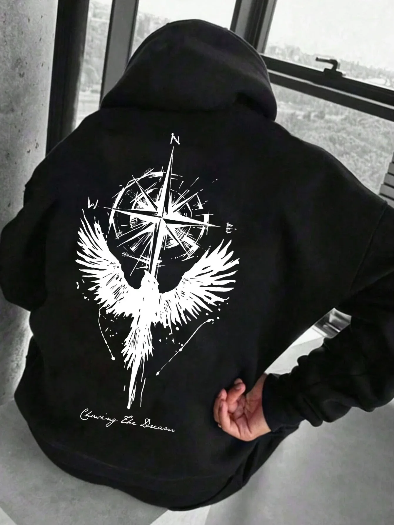 Autumn and Winter Men's and Women's Top with Bird and Compass Pattern Printed Hoodie and Velvet Versatile for Sports and Leisure