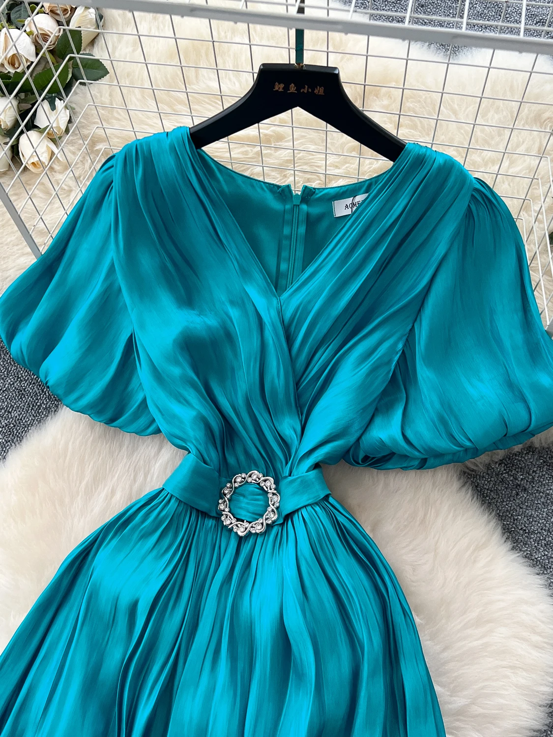 Vestido Largo E de Verano para Mujer, con Cuello Cruzado, Mangas Abullonadas, Cintura Alta con Hebilla Metálica y Dise...