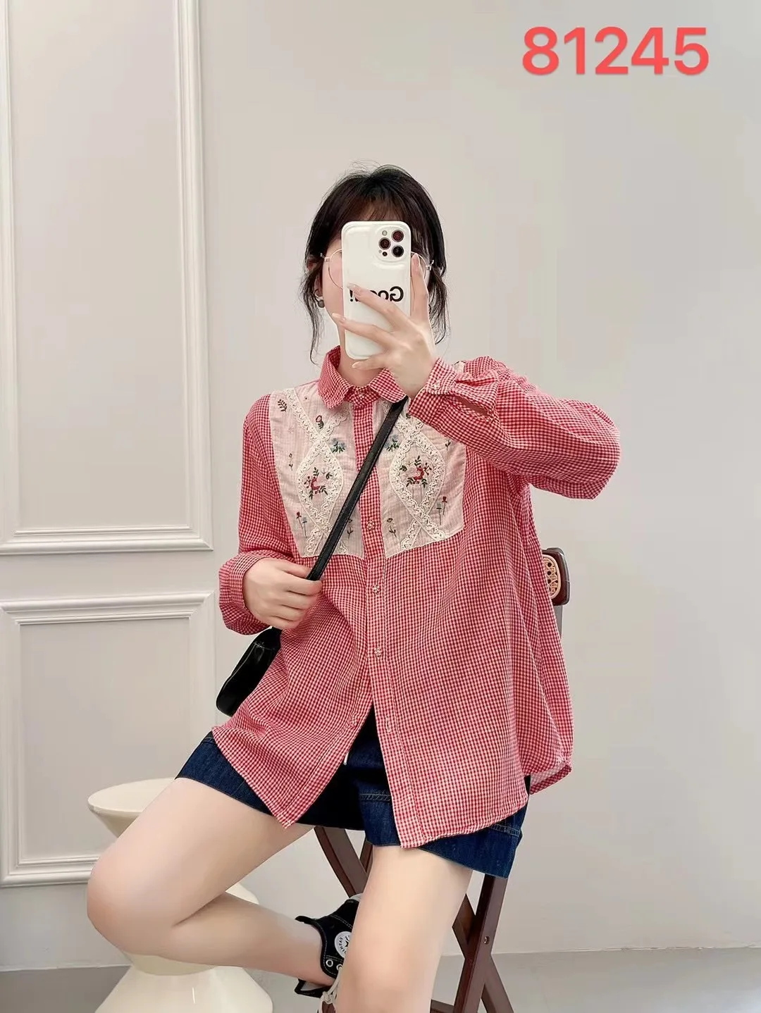 New Spring Cotton Floral Embroidery Shirts Women Single Breasted Long Sleeve Tops Girl Plaid Loose Blouses 2024 Summer T44190QM