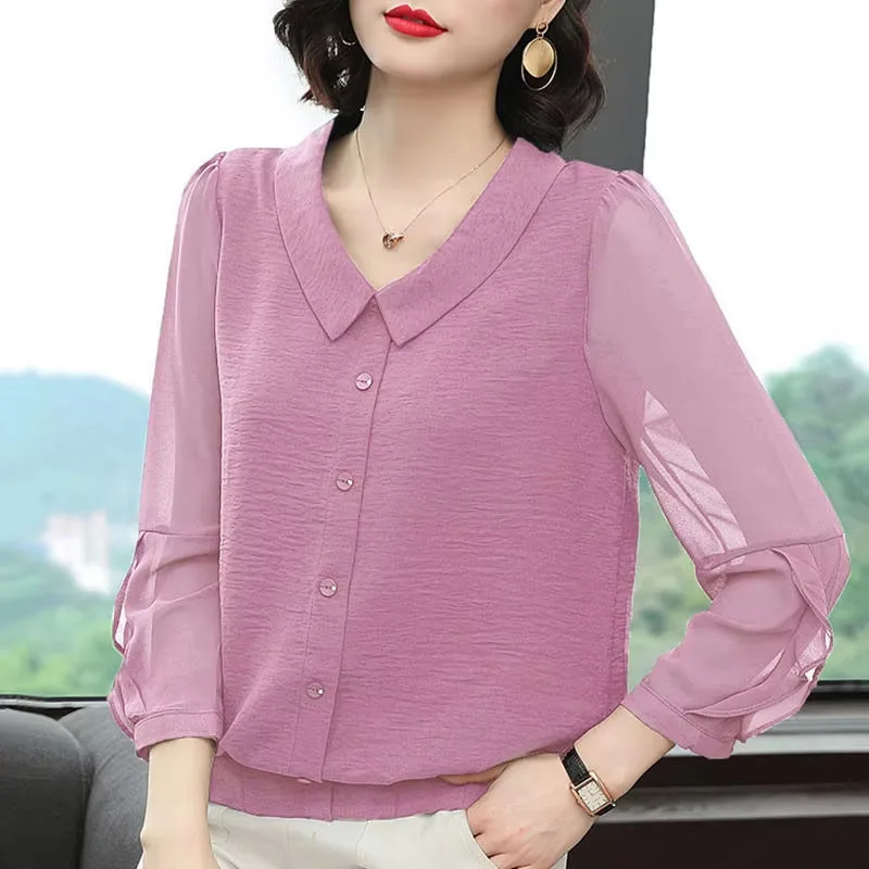 

Women Spring Summer Style Chiffon Blouses Shirts Lady Casual Long Sleeve Peter Pan Collar Blusas Tops