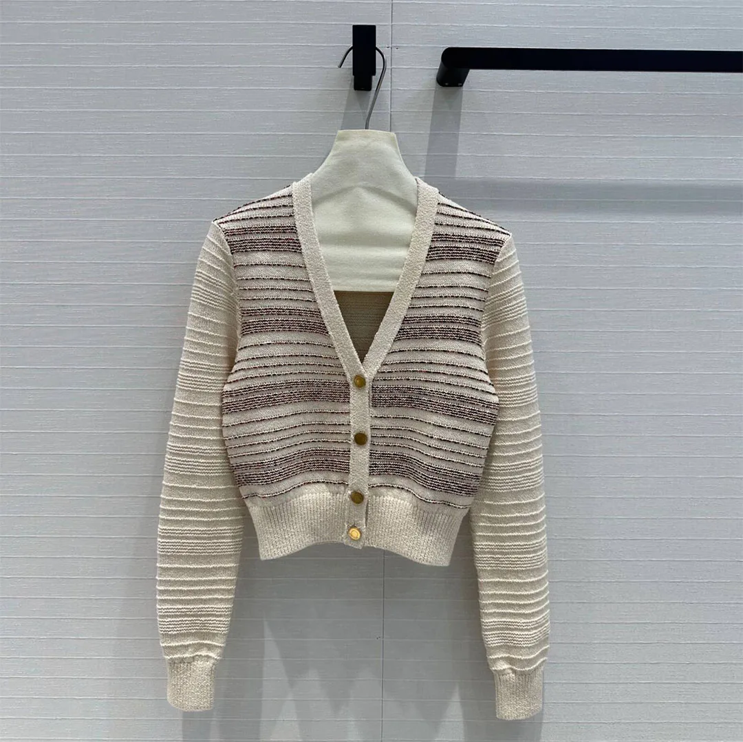 2024 New Autumn Fashion Slim High Waist Vintage Knit Cardigan Women V-neck Long Sleeve Gold Buttons Stripes Crochet Cute Sweater