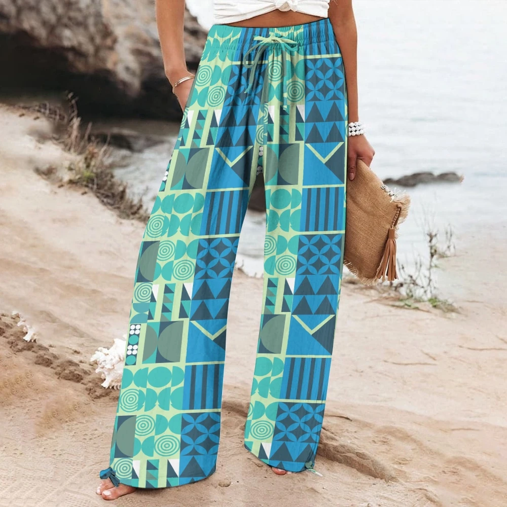 

Blue&Green Geometric Drawstring Pants Bohemian Bliss Geometric Print trousers Versatile Vacaty Wear Effortless beach chic pants