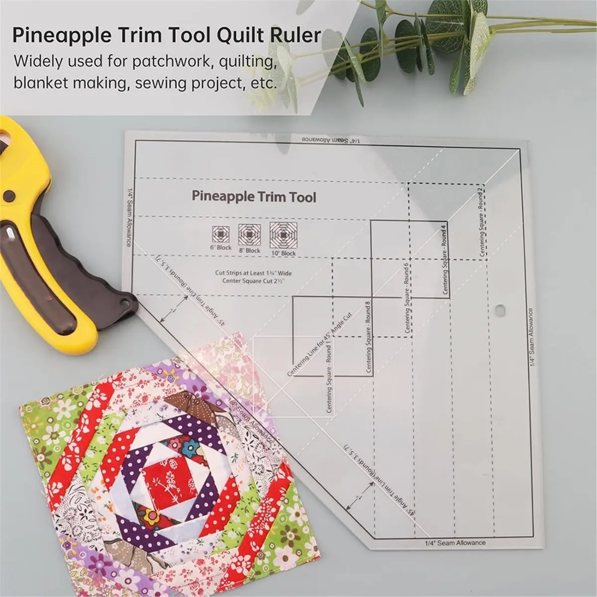 Light Weight Pineapple Trim Tool Quilting Ruler, Non-Slip Acrylic for Sewing, Crafting, Patchwork (Clear, 10-1/2in X 10-1/2in)