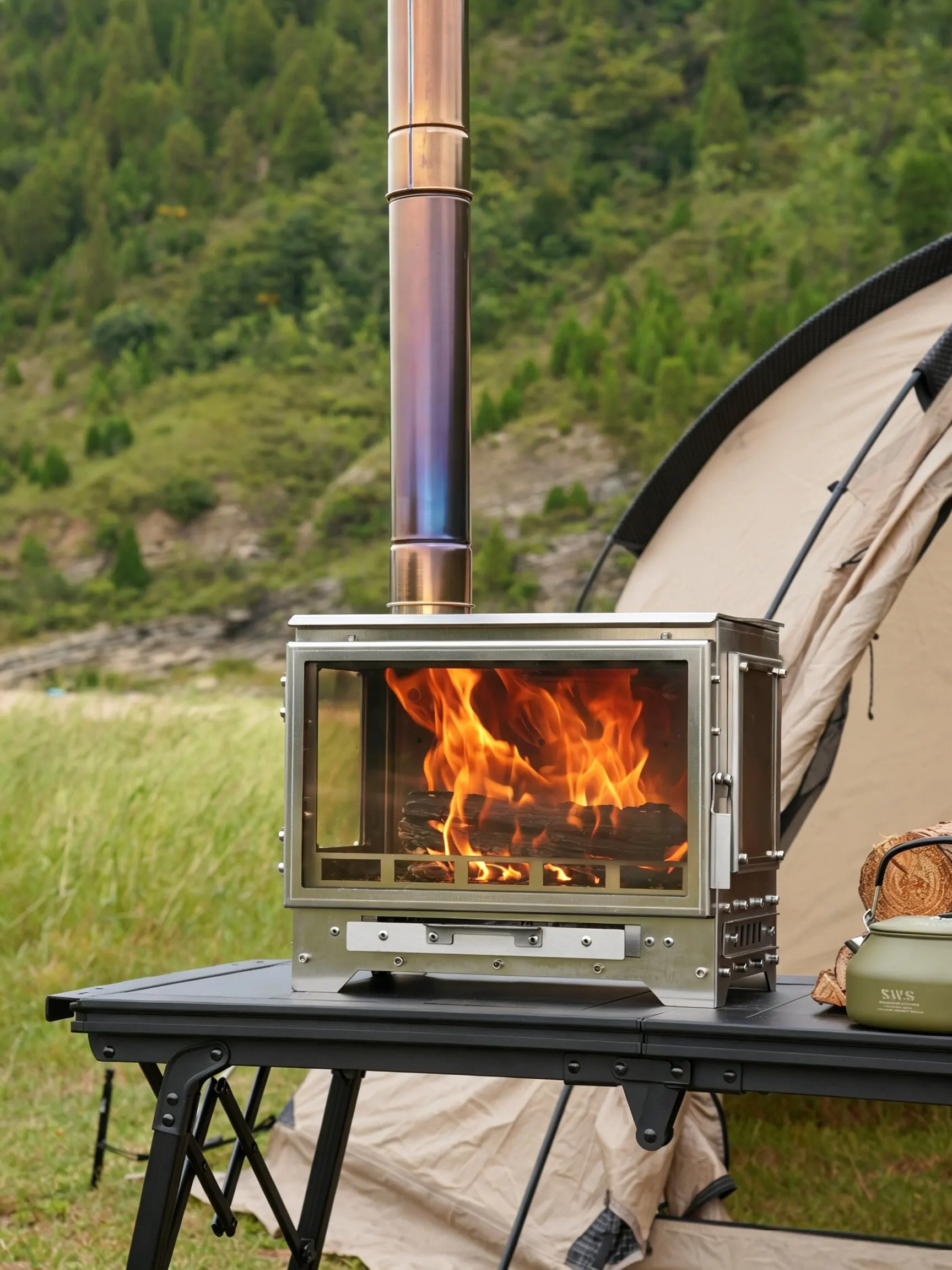 SmiloDon G1 Camping-Holzofen, 2026 Neuer 430 SUS Zeltheizer, 3-seitiges Glas, Sekundärverbrennung, 70/75mm Schornstein, Tragetasche – Detail 9