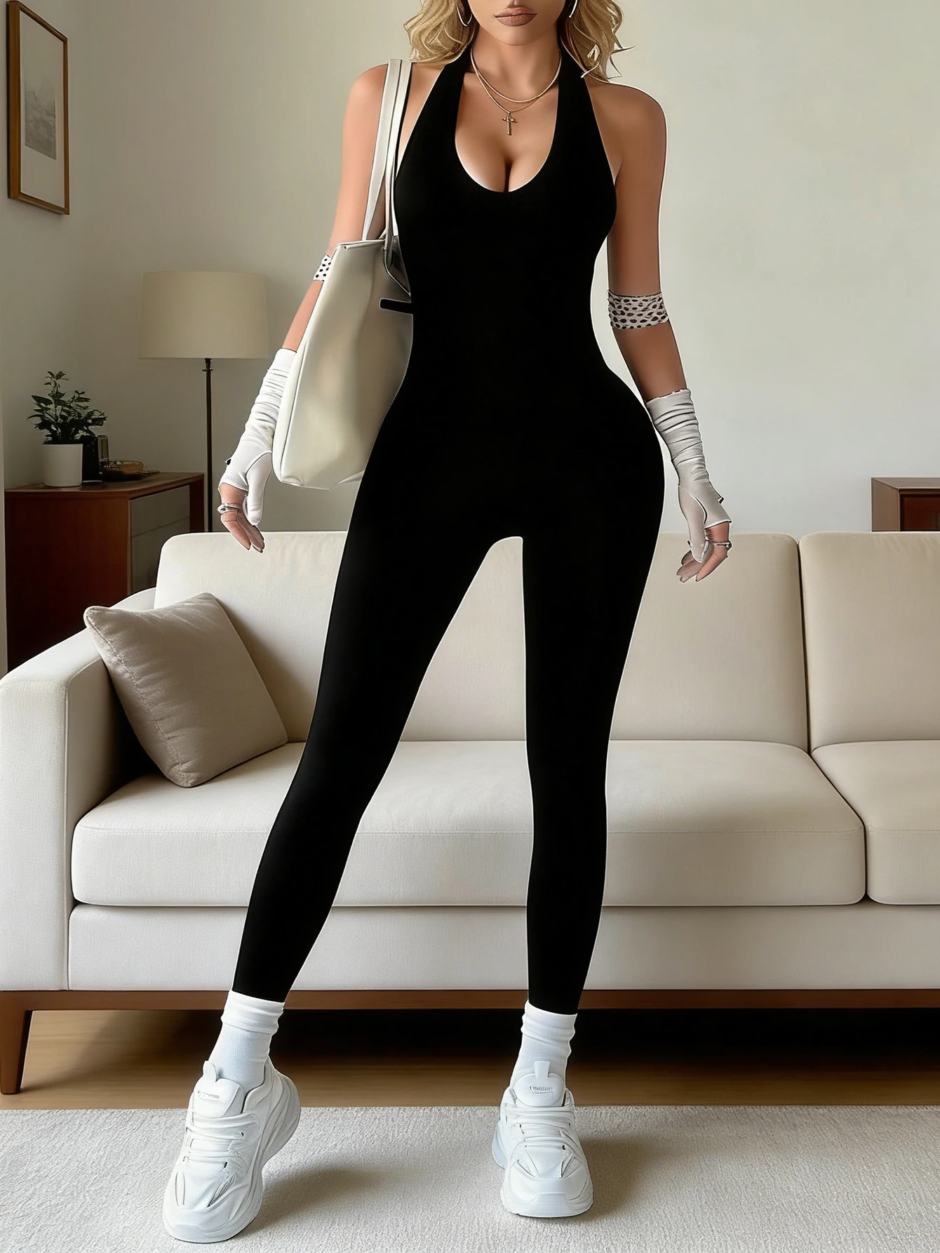 Women Halter Deep V One Piece Yoga Jumpsuit Backless High Waist Hip Lifting Tight Bodysuit Seamless Stretch Gym Pilates Fitness