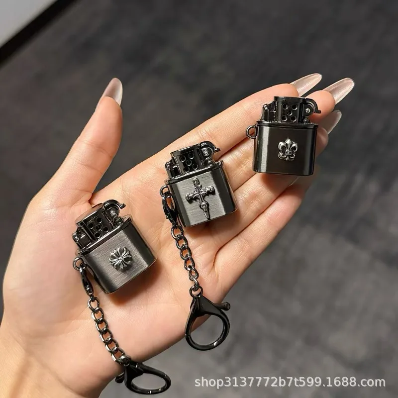 Vintage Cross Kerosenes Lighter with Keychain Retro Grinding Wheel Ignition Metal Lighter Creative Gift for Men