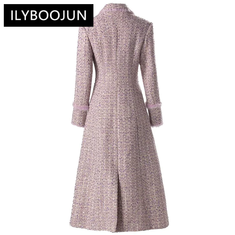 

Sequins Plaid Tweed Coat Women's Long Sleeves Feathers Double Breasted Office Lady Outerwear Dresses For Women 2024 Luxury Brand