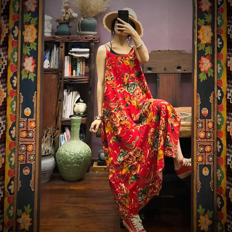 Summer New Sle Loose Cotton Linen Strap Dr Women's Ethnic Loose plus Size Slimming Base Layer Floral Print Long Dr