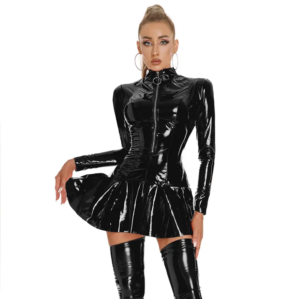 Womens Zipper Stand Collar Glossy Latex Slim Mini Pleated Dress Black Red Wetlook Leather Dress Pole Dance Raves Party Outfit