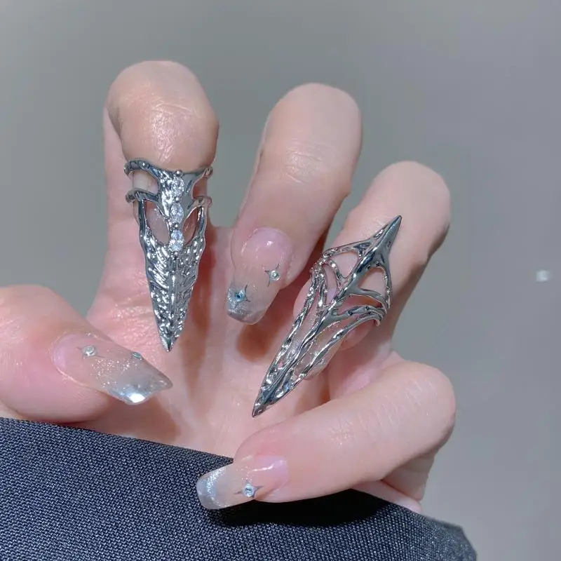 New 1/2Pcs Gothic Rock Machinery Manicure Fingertip Ring Adjustable Open Nail Ring Punk Metal Jewelry Accessories Party Gifts