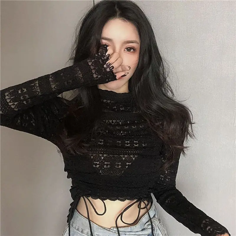 Turtleneck SeeThrough Hollow Out T Shirt Autumn Lace Long Sleeve Top Slim Korean Fashion Woman Clothes Drawstring Pullovers