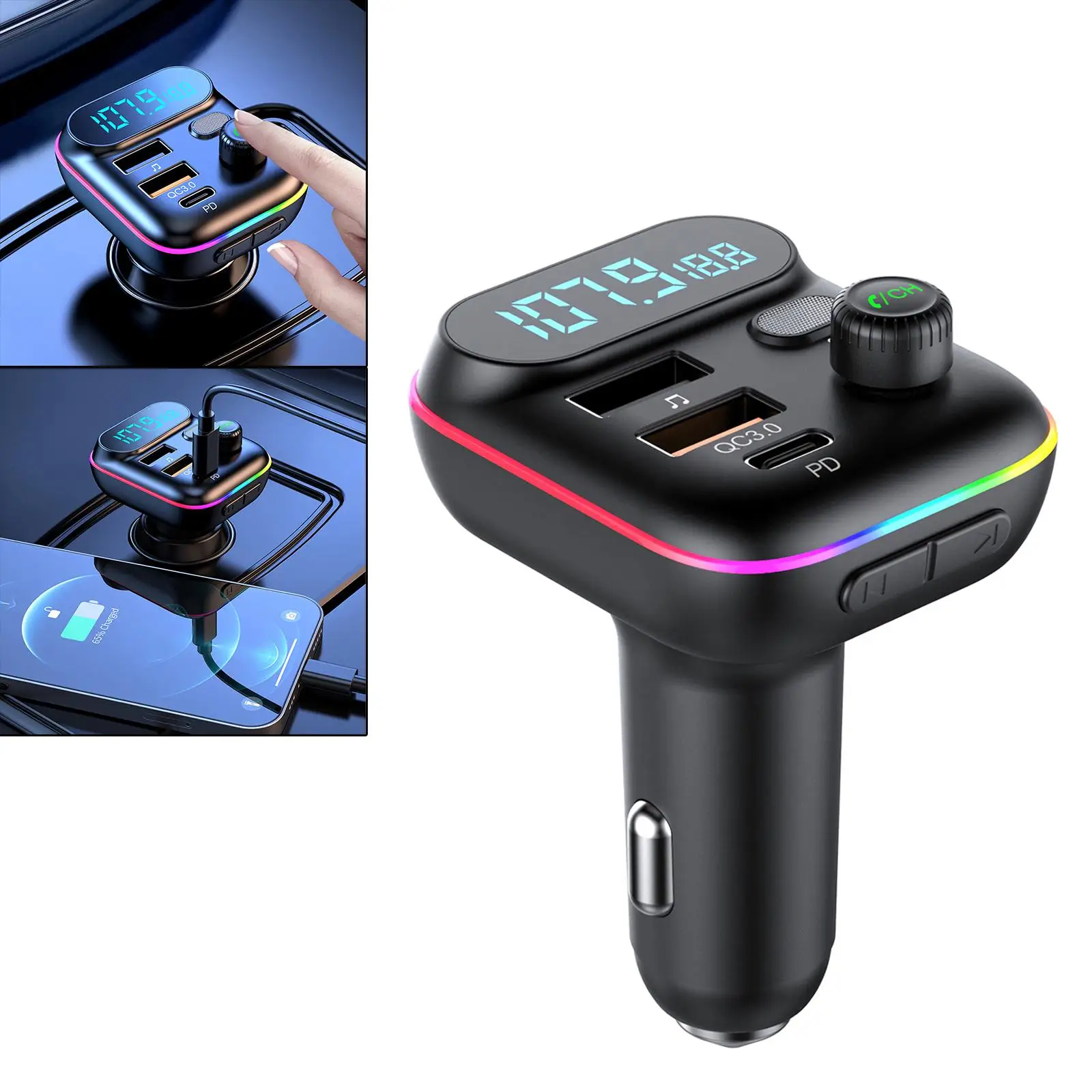 Car FM Transmitter USB QC3.0 PD20W Fast Charging MP3 Player Audio Adapter for U Disk Playback Support TF Card Colorful Backlit