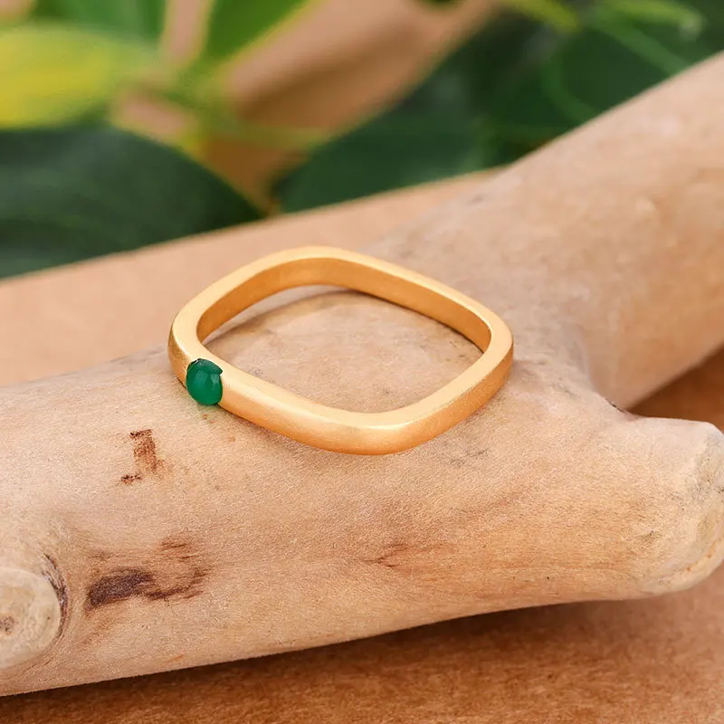 Simple and unique design Ancient gold craft square green rings for women inlaid with natural Hotan Jade fashion jewelry gift