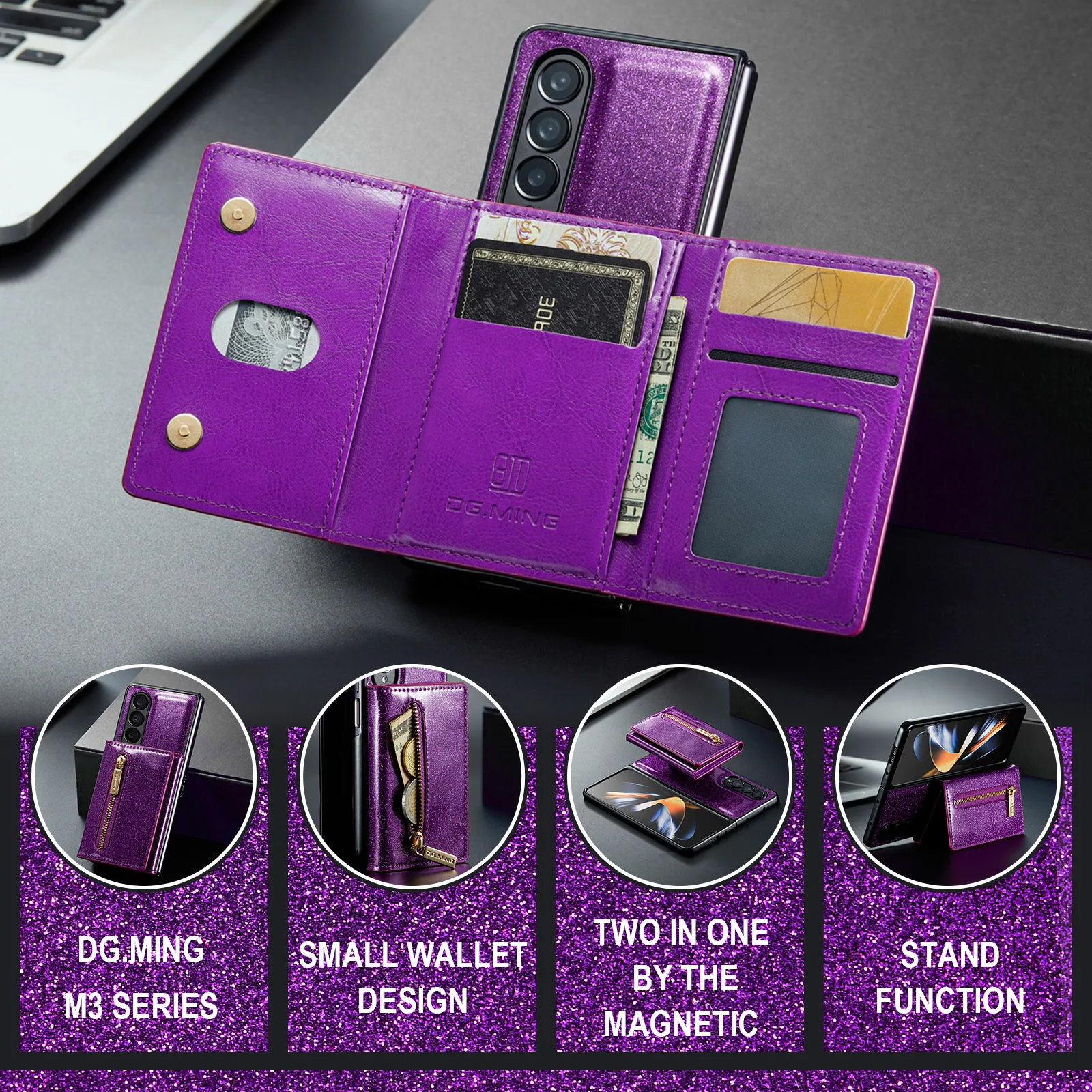 Glitter Magnetic Card Phone Case For Samsung Galaxy Z Fold 5 4 3 Stand Shockproof Folding Screen Cover Protective Accessories