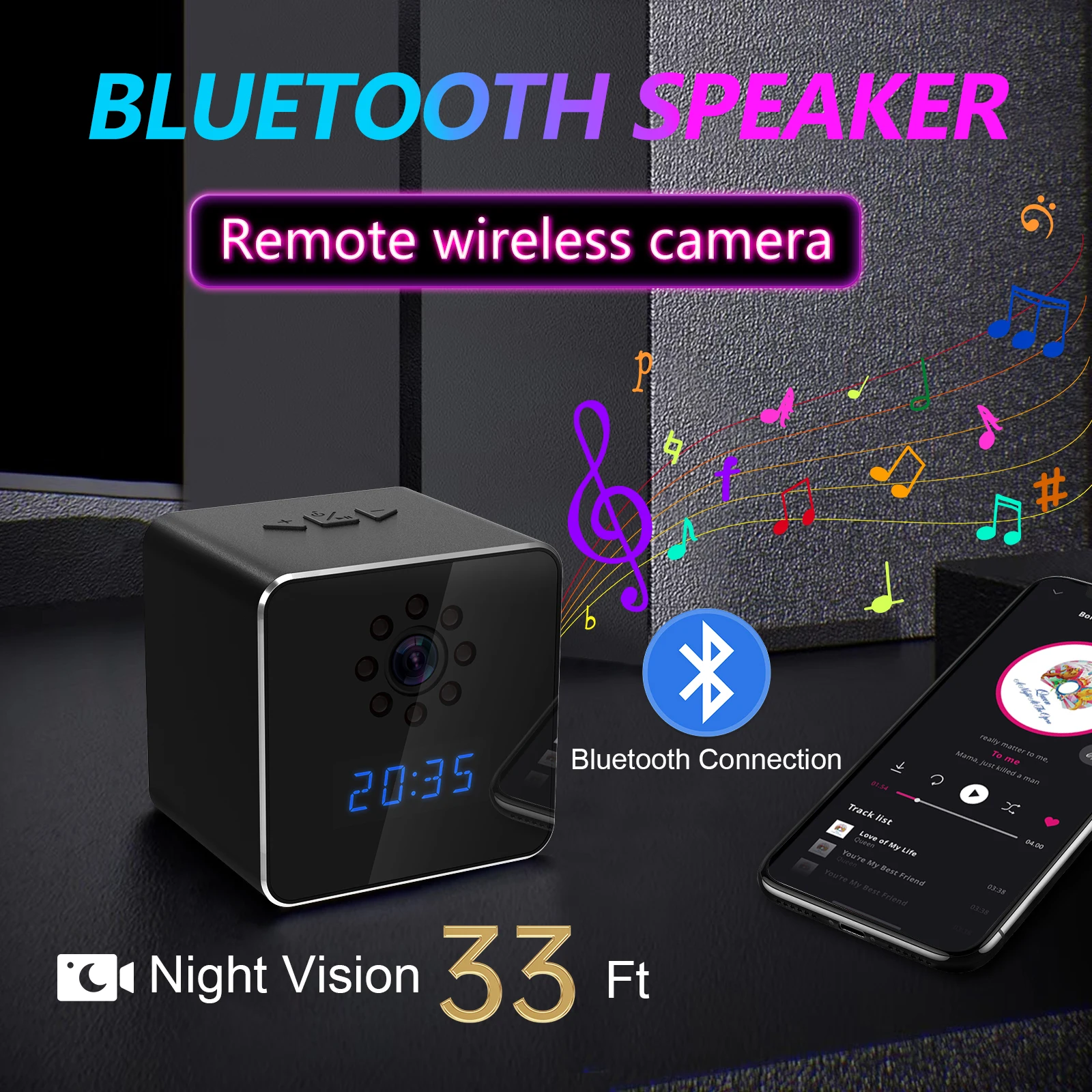 Mini clock camera, Bluetooth speaker camera, night vision full HD 1080P. Nanny baby alarm clock recorder monitor