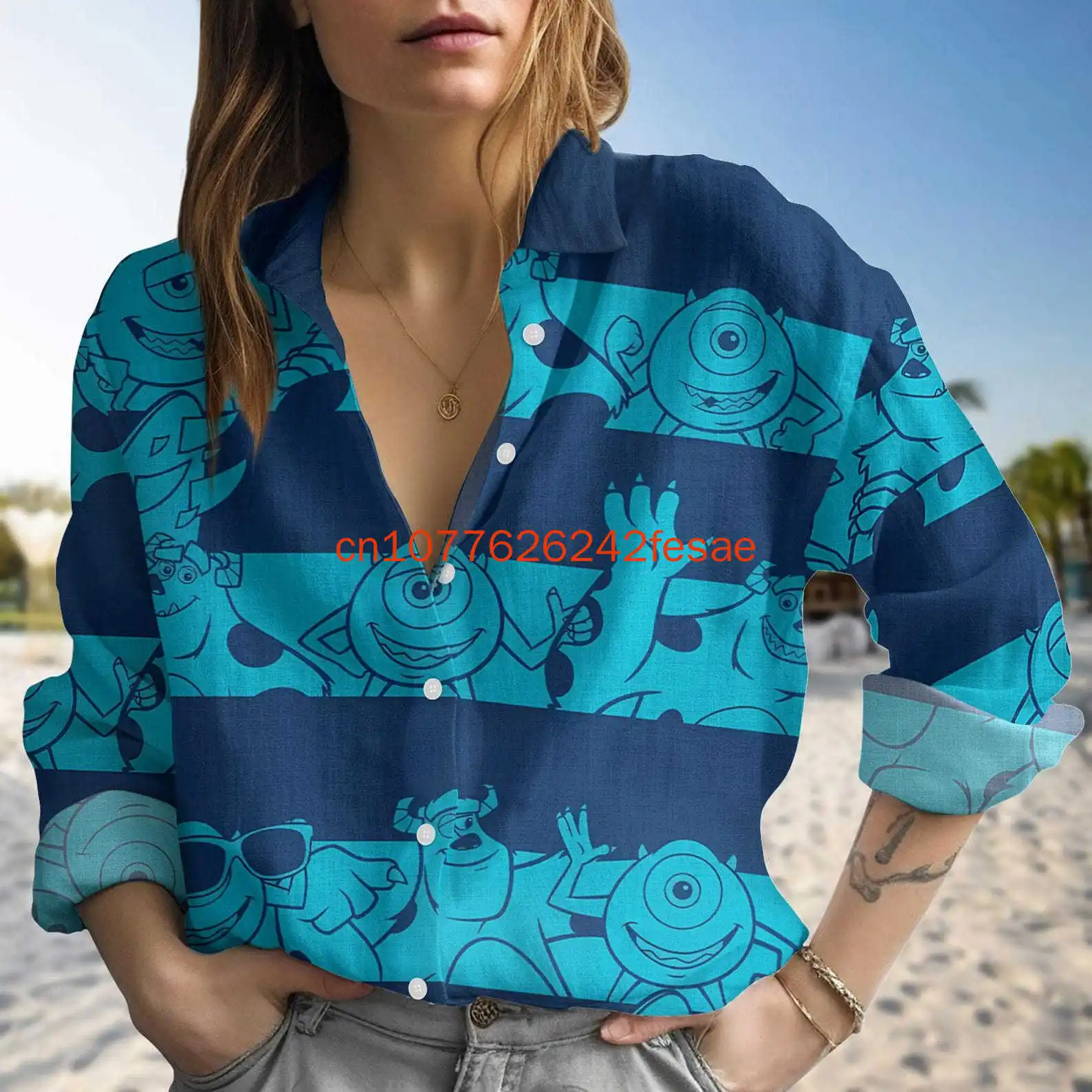 

Женская льняная рубашка Disney Monsters Inc Company с 3D принтом, модная уличная рубашка Y2K на пуговицах, женская рубашка с длинным рукавом