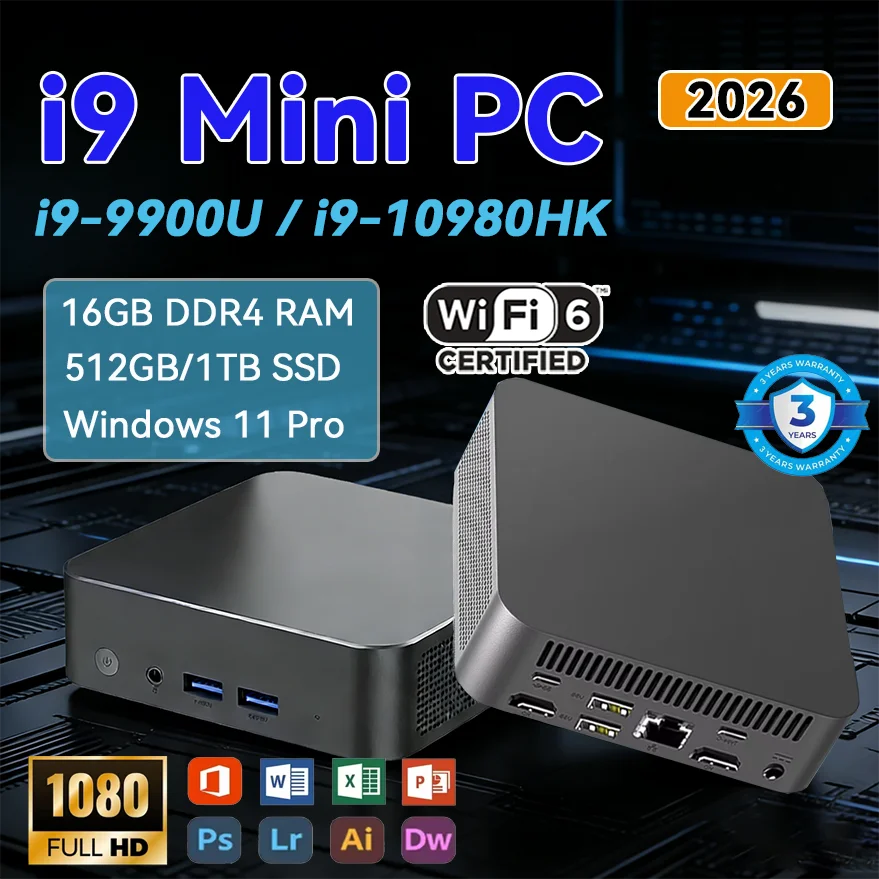 

2026 Brand New Portable Mini PC Computer Intel Core i9 16GB DDR4 512GB USB 3.0 SSD WiFi6 BT5.2 Mini PC Desktop Computer
