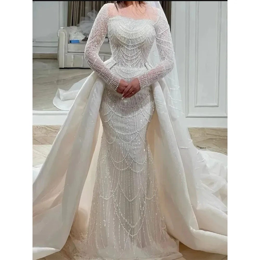 

Exquisite Pearls Mermaid Wedding Dresses with Detachable Train Luxury O-Neck Long Sleeves Beads Sequined White Bride Dresses