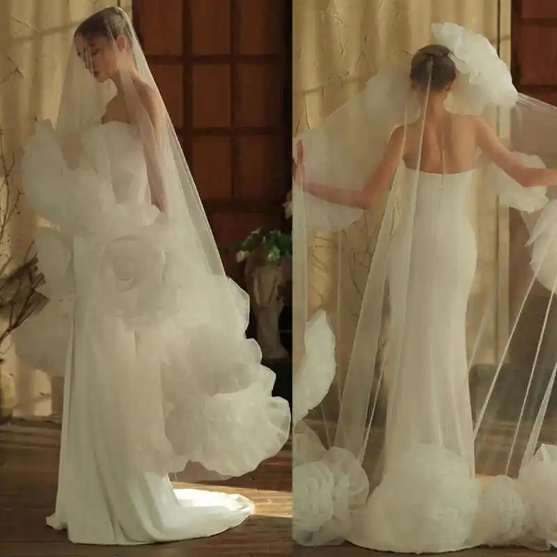 

Роскошные свадебные фаты ручной работы с цветами, королевской длины (3 м), широкие, с гребнем, на заказ