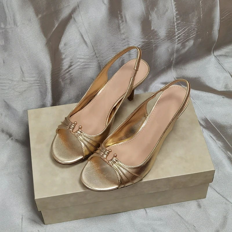 

New Summer Women's High Heels, Elegant Peep-toe Sandals, Stiletto Heels, Round Toe, Sexy Metal Buckle, Vintage High Heels