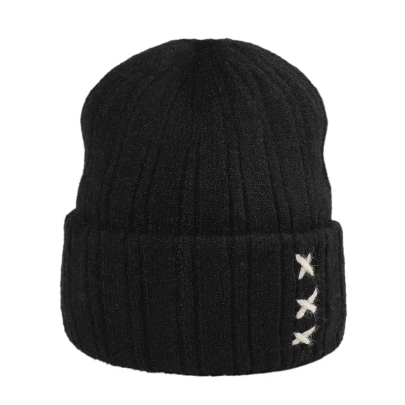 2024 High Quality Cotton Hat Winter Hat for Men and Women Thickened Warm Beanie Skull Hats Solid Color Simple X Embroidered Knit