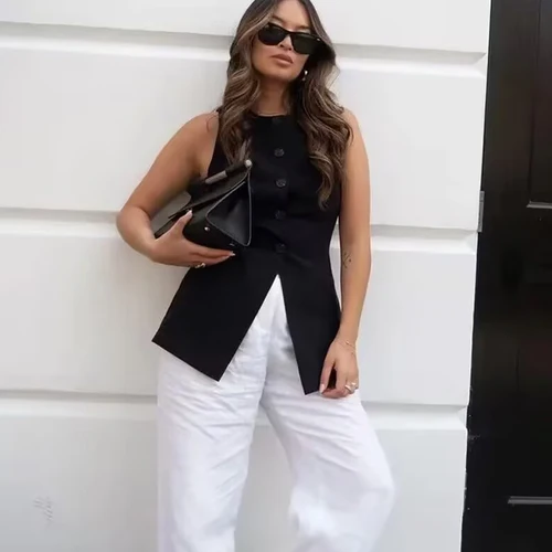 Imagen 2 del producto HXAO-Chaleco de mujer, ropa de abrigo, chalecos largos sin mangas para mujer, traje informal de oficina para mujer, chaleco con botones de otoño, chaleco blanco y negro