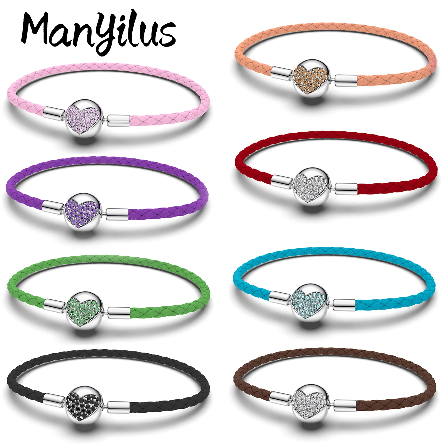 

Manyilus Red Heart Crystal Leather Bracelet 925 Sterling Silver Pendant for Charms Original Bracelet Fine DIY Jewelry Gift