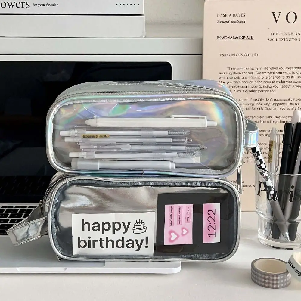 

Large Capacity Silver Pencil Case Itabag Cosmetic Bag Transparent Pencil Bag Organizer Case Storage Bag Zipper Stationery Bag