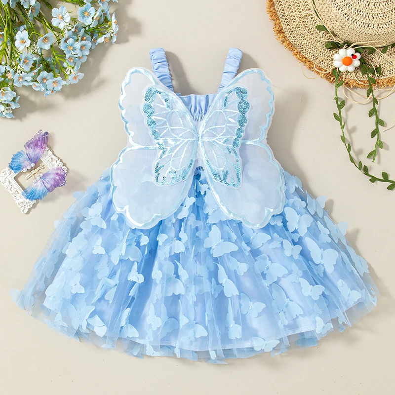 Baby Girl Dress Summer Butterfly Wings And Butterfly Pattern Halter Puffy Baby Dresses Cute Casual Beach Girl Kid's Dress