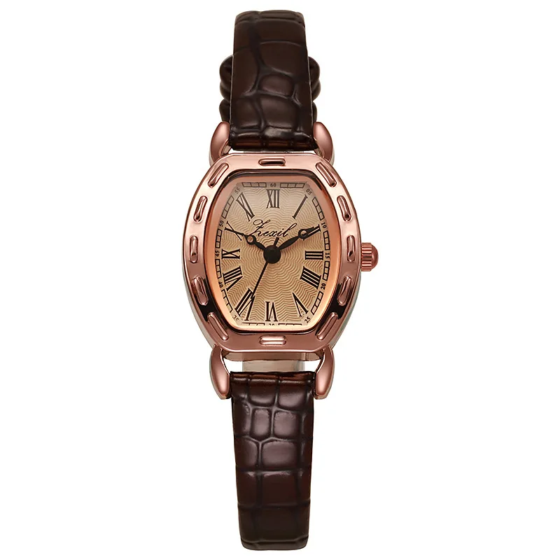 Vintage Small Barrel Shaped Women's Leather Strap Watch Elegant Small Square Ladies Wristwatch for Daily Wear Minimalist Fashion