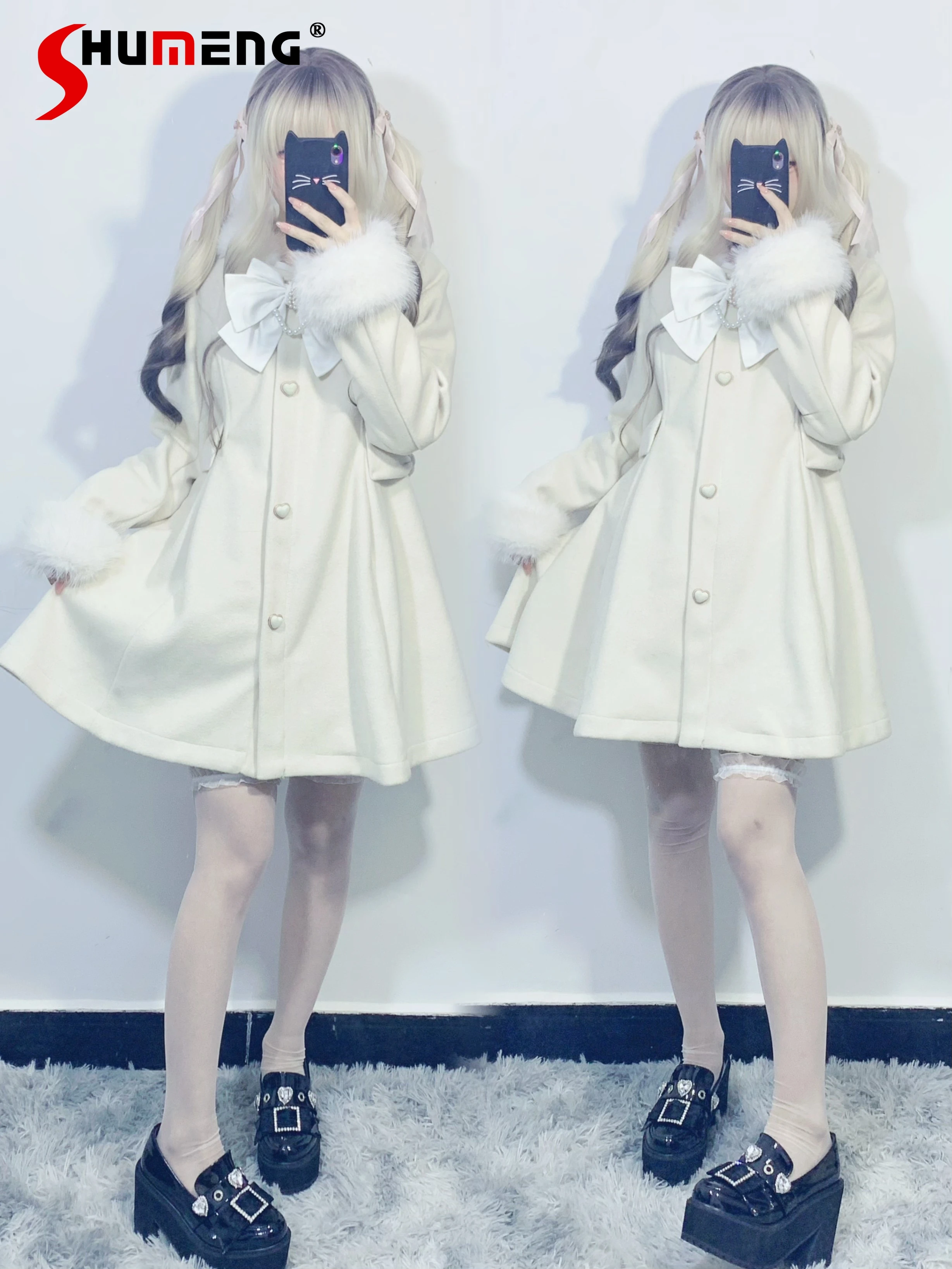 Japanese Cute Black Woolen Coat for Women 2024 Autumn New Mine Mass-Produced Woman Plush Drop-Ear Rabbit Detachable Midi Jacket