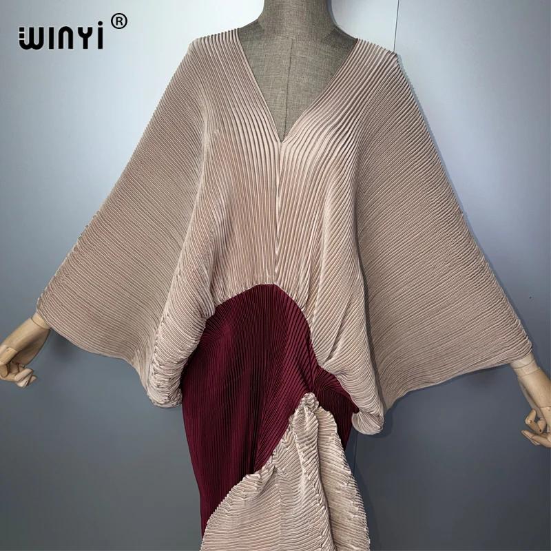 WINYI New Pleated Slim High-Fork Dress for Women Fashion Beach Cover-Up Muslim Kaftan Abaya Dubai Luxury Long Evening Gown