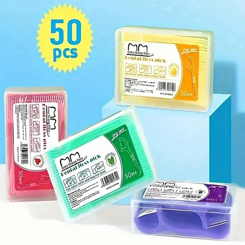 

50pcs/box Super Fine Smooth Disposable Dental Floss Family Pack Of Toothpicks Fruit Flavoured Floss Sticks