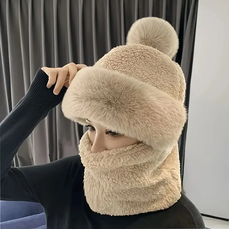 Women Winter Plush Hooded Scarf Set Outdoor Ski Windproof Ear Protection Neck Warmer Thick Hat Women Winter Plush Scarf Set