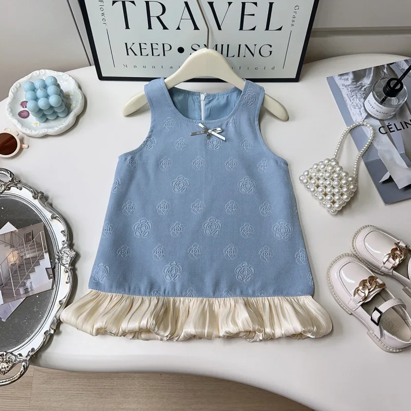 

Children's Sleeveless Dress New Spring and Autumn Girls' Heavy Craft French Bowknot Tank Dress2-8Year-Old Children's Clothing