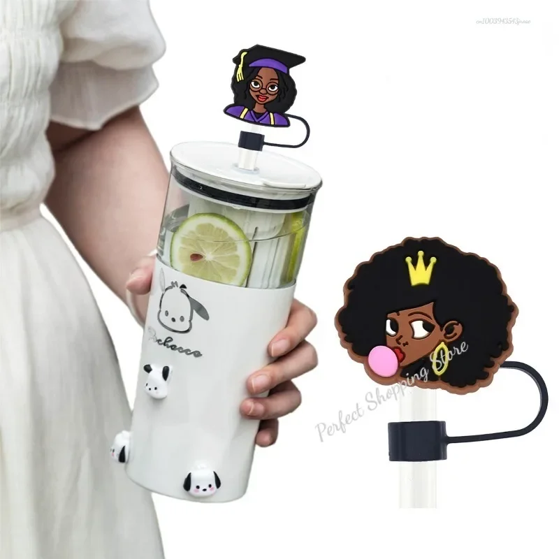 Black Girl Straw Cover Cap 10MM Drink Straw Plug Reusable Splash Proof Drinking Fit Cup Straw Cap Charms Pendant Cup Accessories
