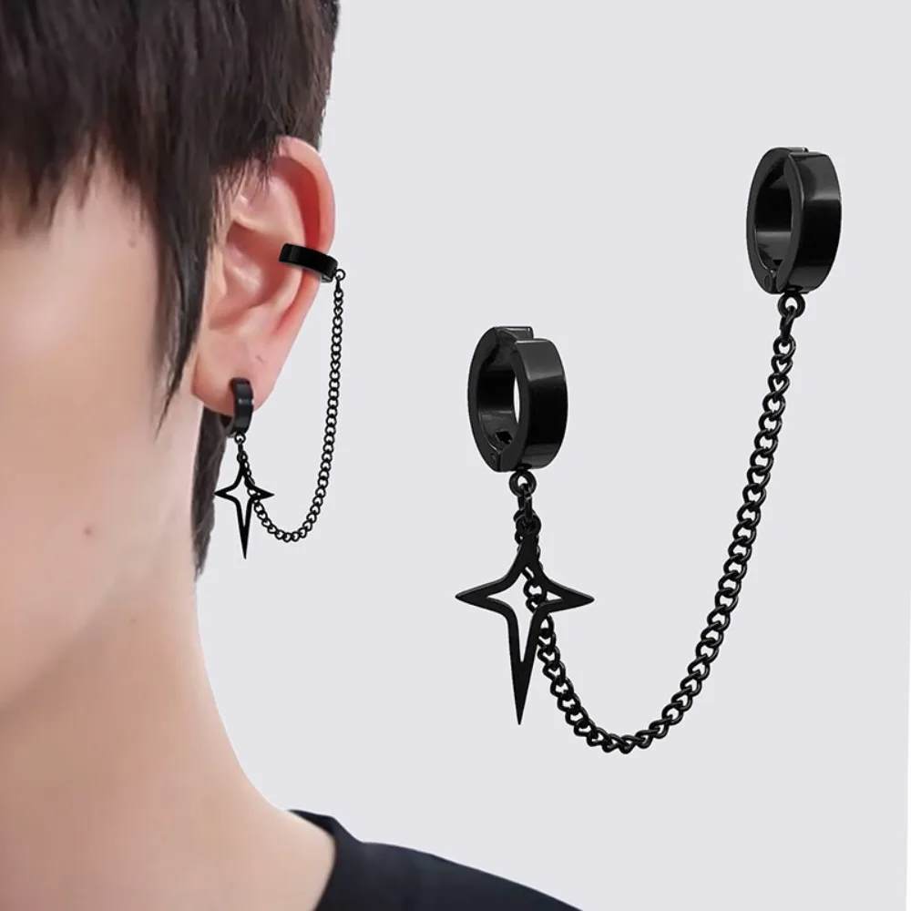 Black Hollowed-out Four-pointed Star No Piercing Clip Earrings Connect Ear Bone Clip for Women Men Stainless Steel Trend Jewelry