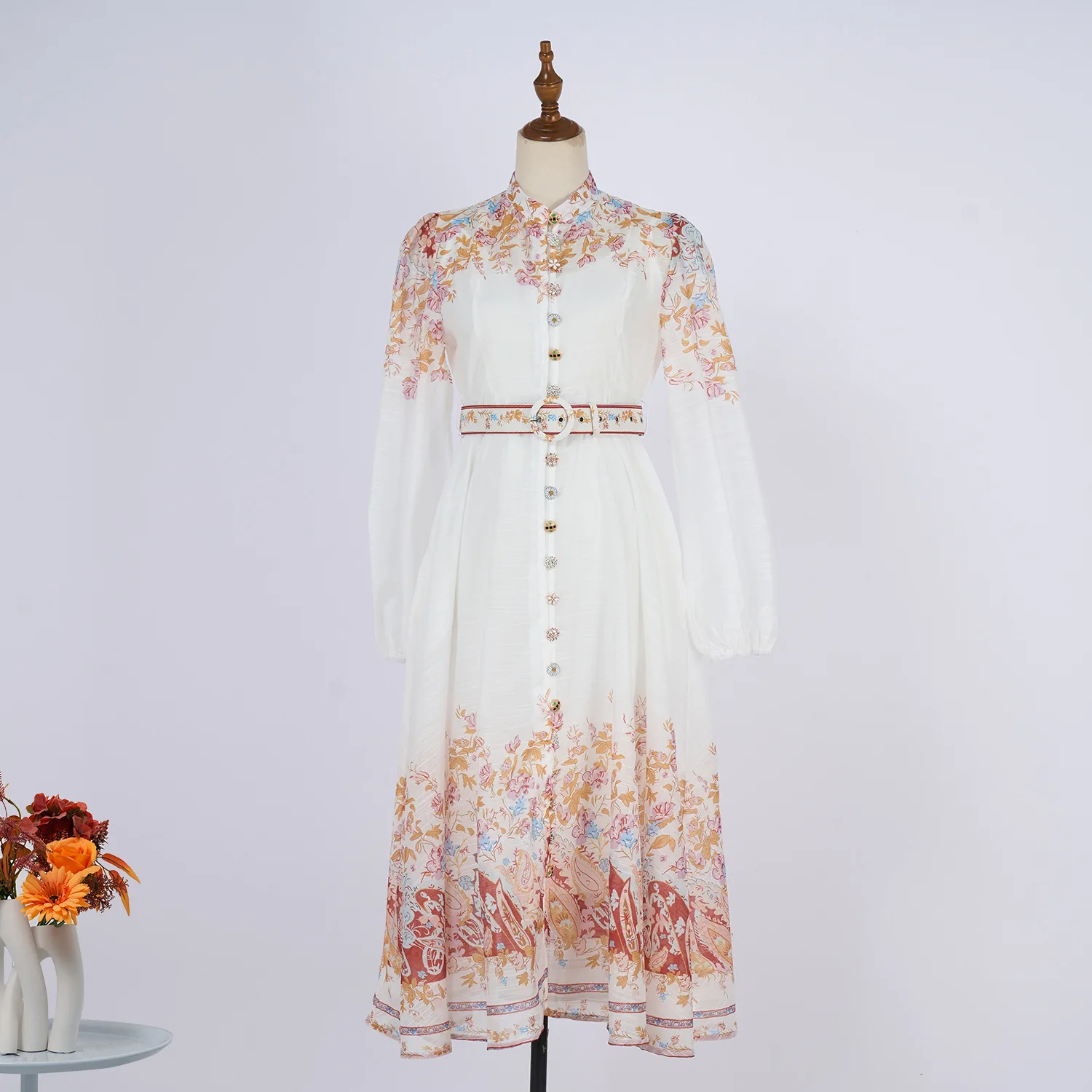 

Women's dress French stand-up collar long-sleeved print with belt