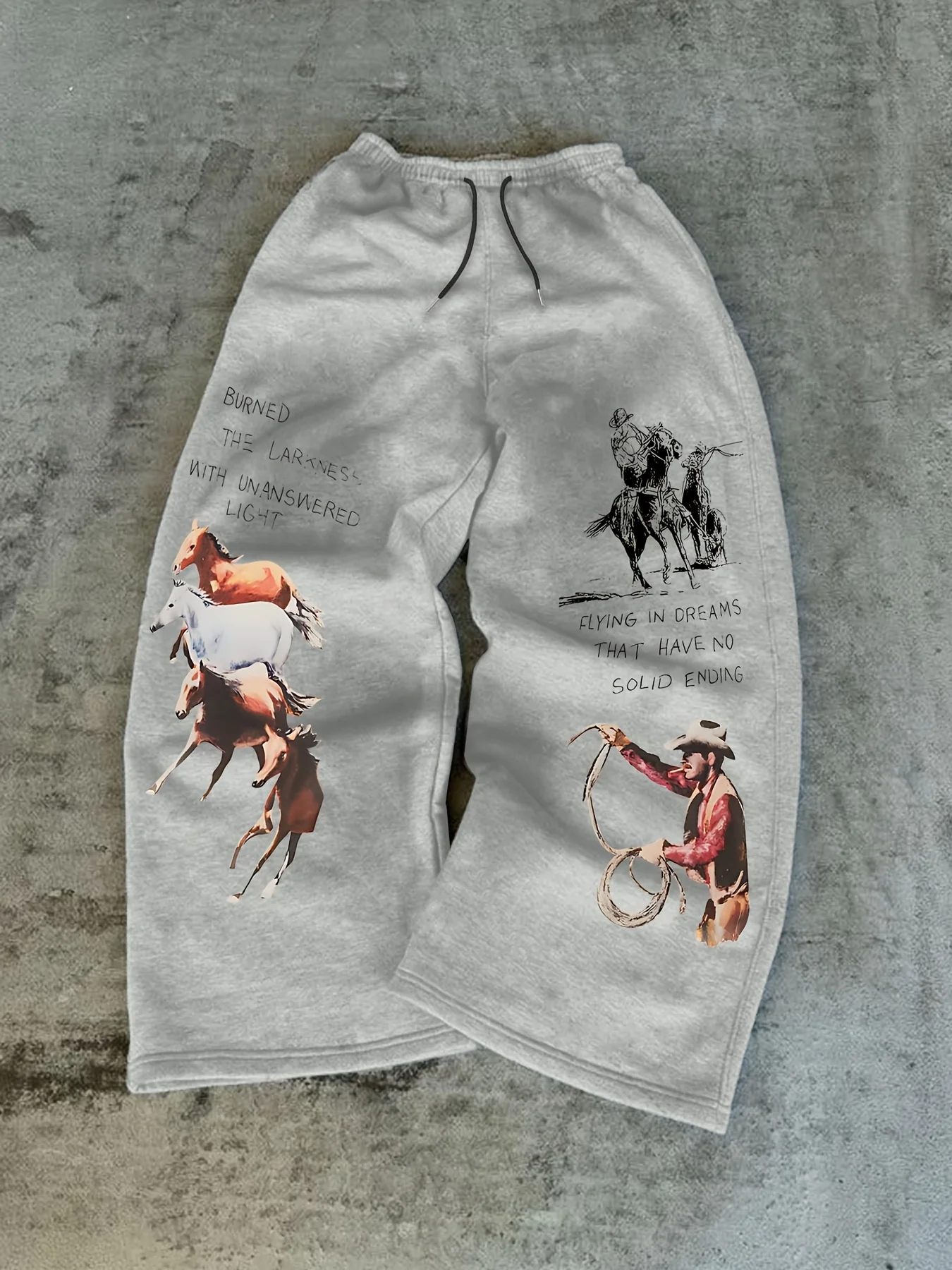 

Western cowboy horse print elastic waist sweatpants, casual street style, retro casual style loose trousers mens pants
